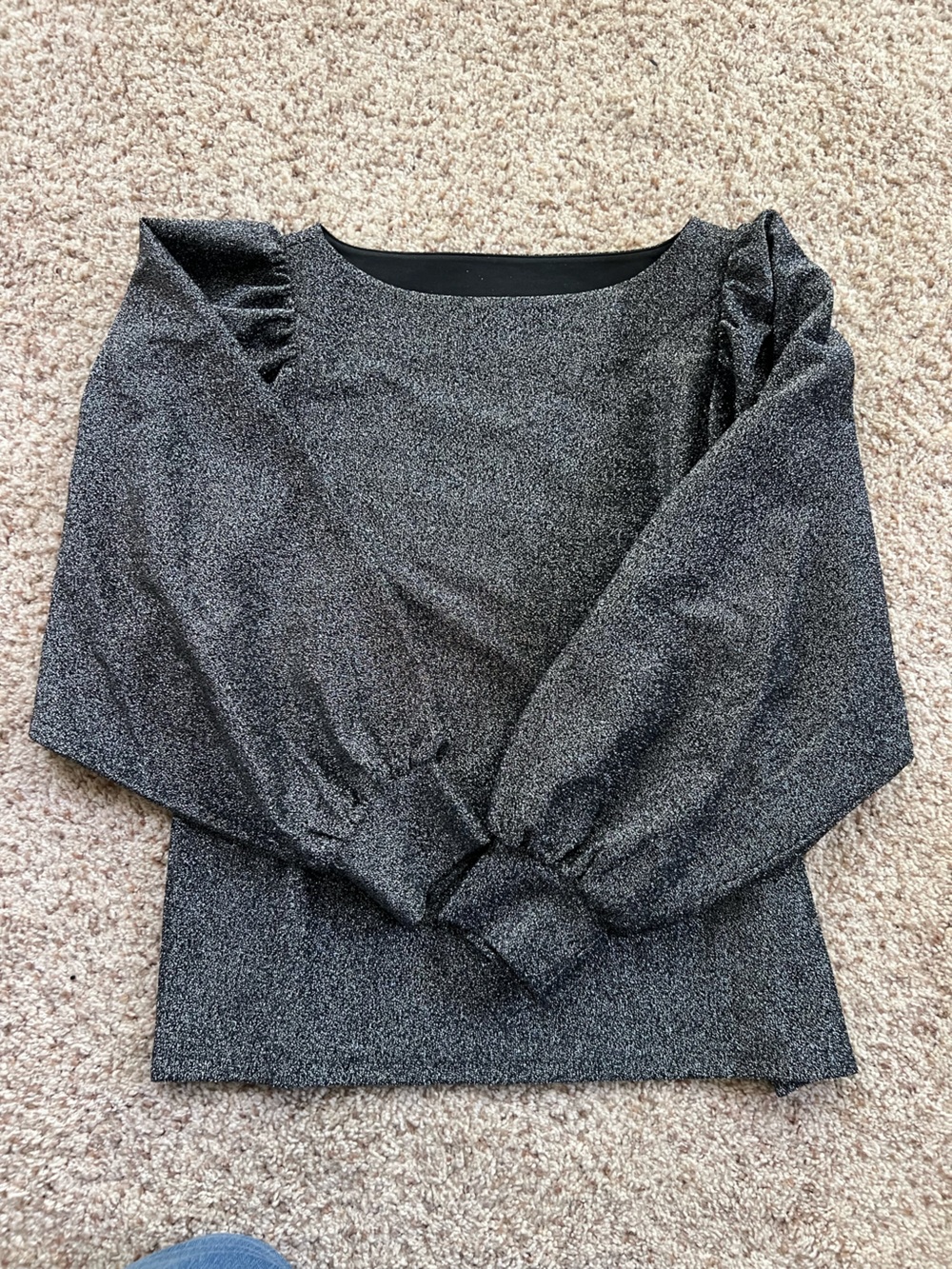 Shimmery Puff Sleeve Long Sleeve Top - Silver Black by Loft